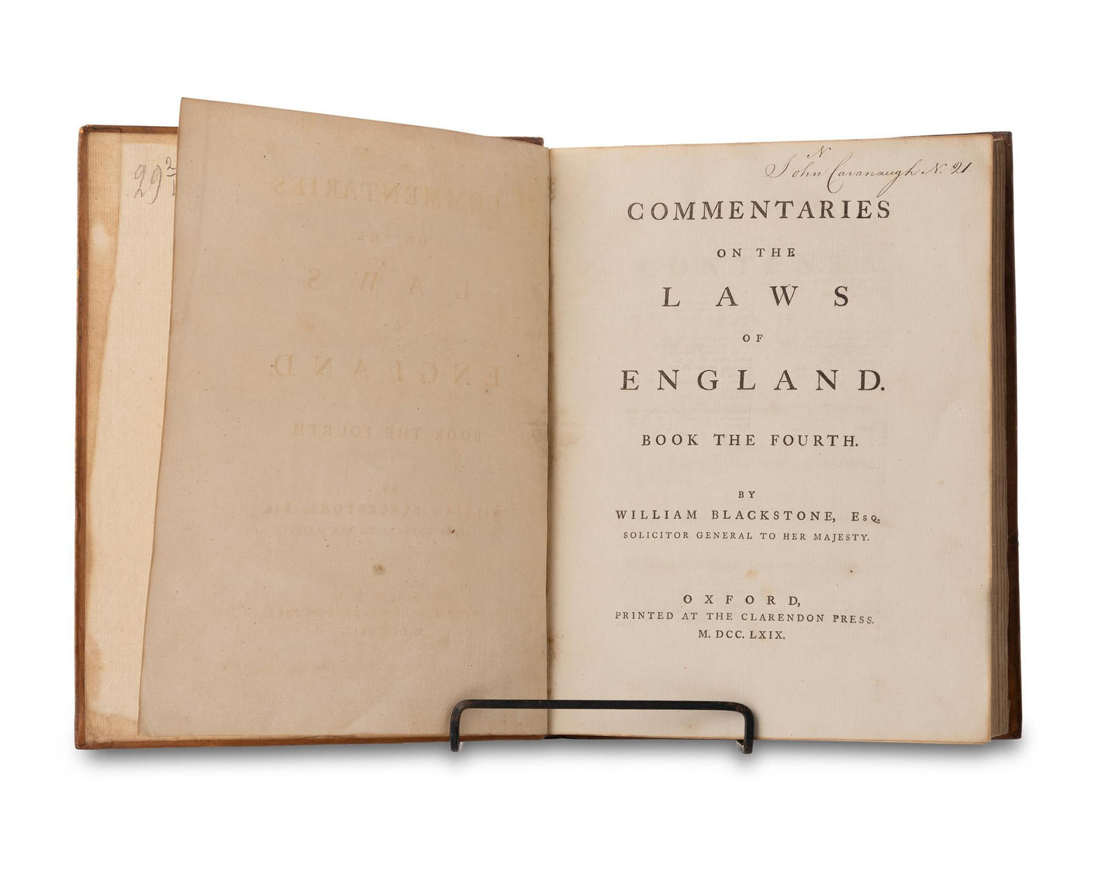 Blackstone Commentaries open on a stand